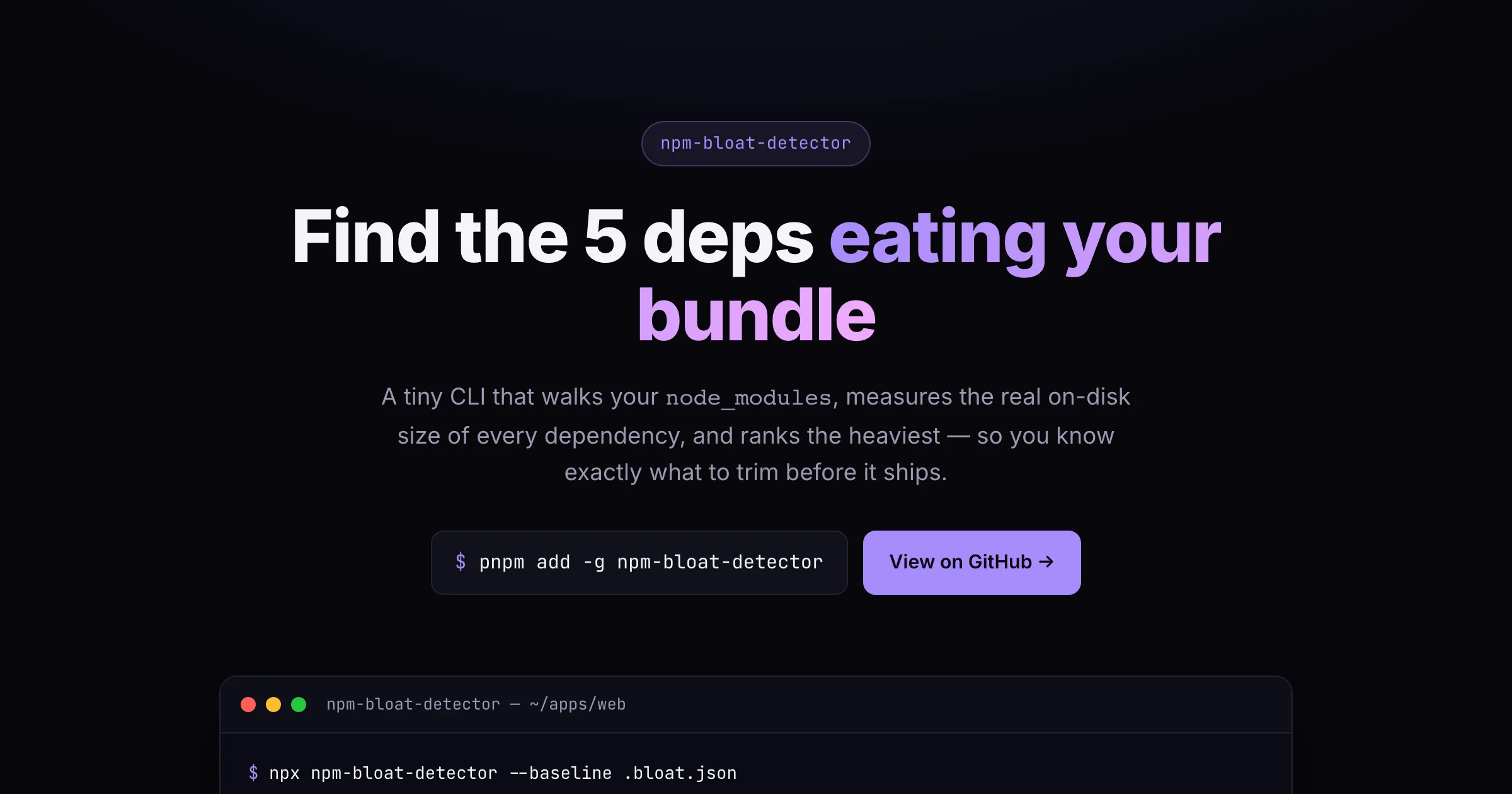 npm-bloat-detector — live demo screenshot